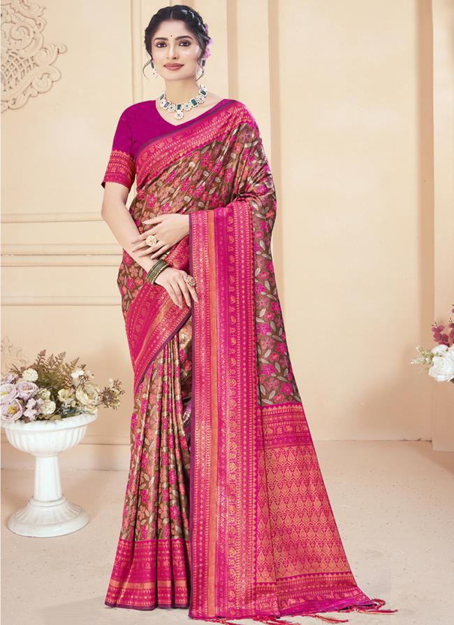 Silk Rani Pink Festival Wear Printed Saree